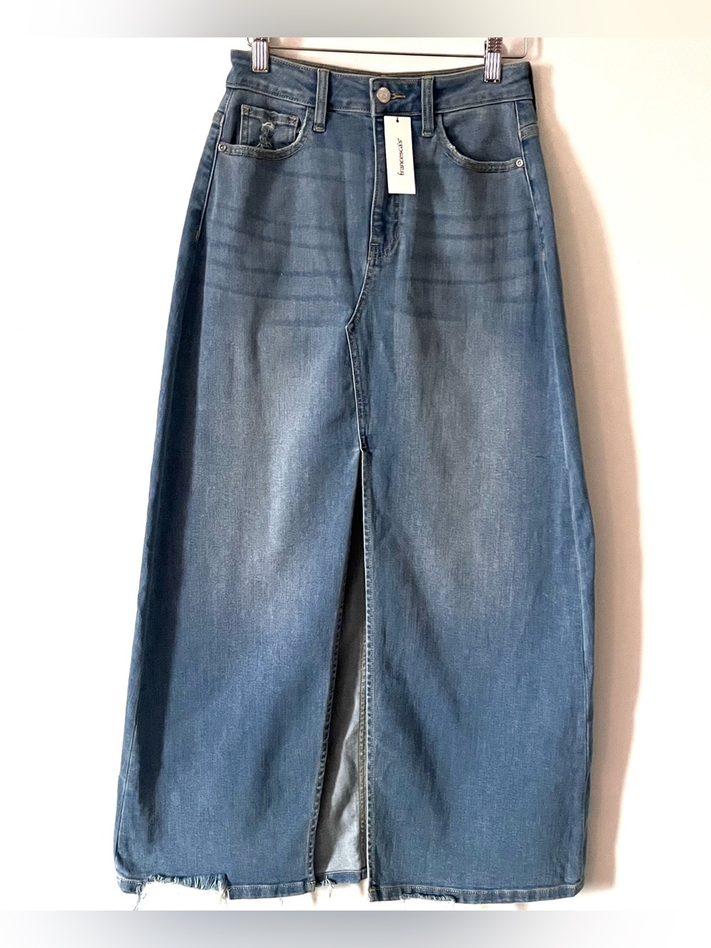 NWT Harper Barrel Jean Denim Frayed Distressed Maxi Skirt Front Slit 27 Small